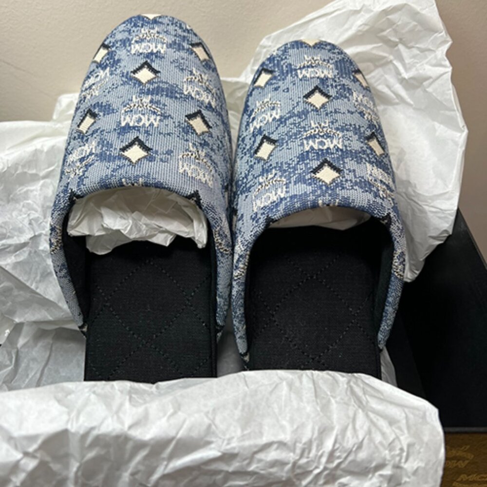 MCM - Women's Blue Denim Monogram Slide Slippers - NIB